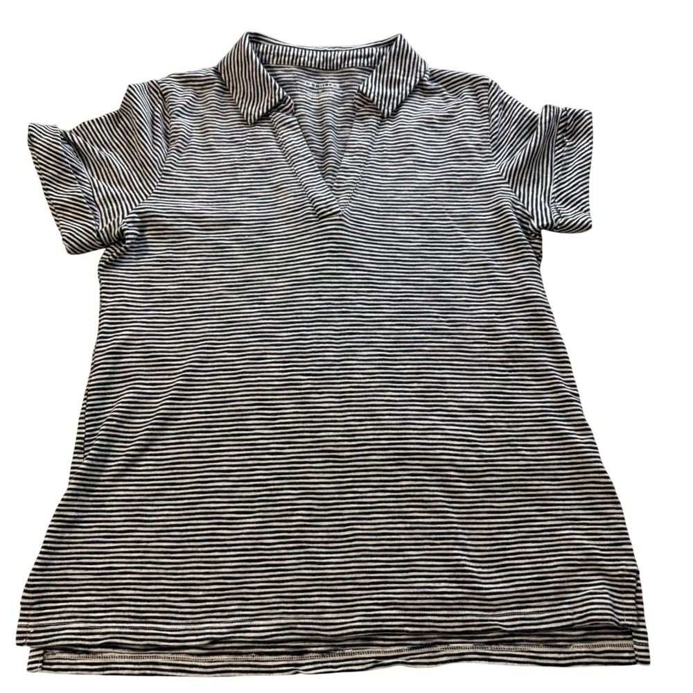 Talbots Navy White Striped Short Sleeve Polo V-Neck Shirt Cotton Modal Medium